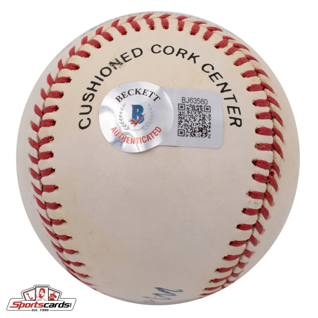 Mark Koenig signed baseball with red stitching, cushioned cork center, and Beckett authentication