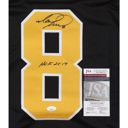 Black Mark Recchi signed jersey with yellow 8, HOF 2017 inscription and auth sticker