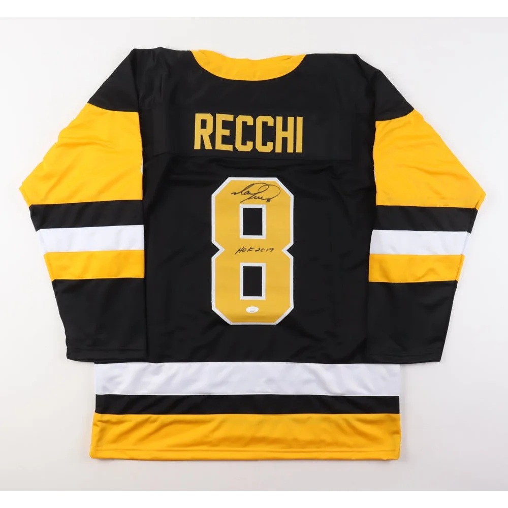 Black yellow white Mark Recchi signed jersey with number 8 and signature, Pittsburgh collectible