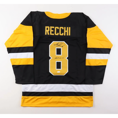 Black yellow white Mark Recchi signed jersey with number 8 and signature, Pittsburgh collectible