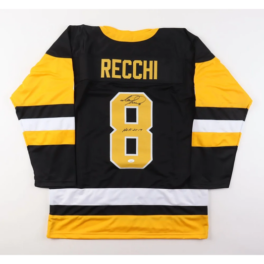 Black yellow white Mark Recchi signed jersey with number 8 and signature, Pittsburgh collectible