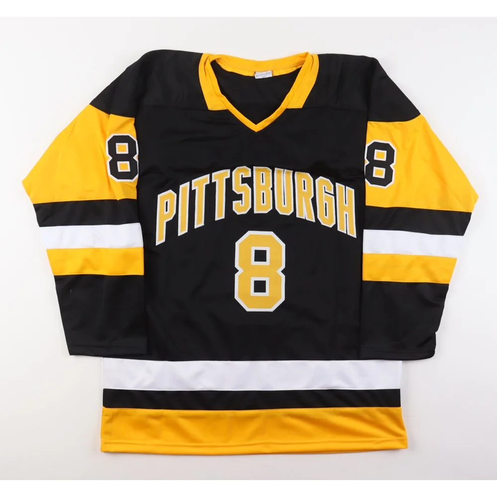 Black and yellow Mark Recchi signed jersey with PITTSBURGH and number 8 for hockey fans