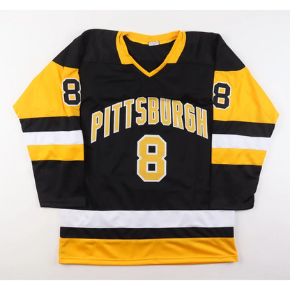 Black and yellow Mark Recchi signed jersey with PITTSBURGH and number 8 for hockey fans