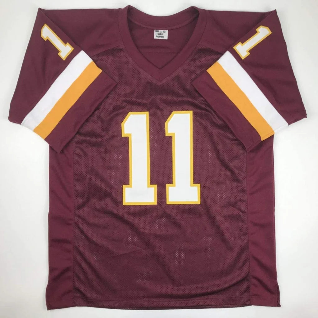 Maroon mesh custom football jersey with white gold number 11 for professional sports fans