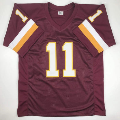 Maroon mesh custom football jersey with white gold number 11 for professional sports fans