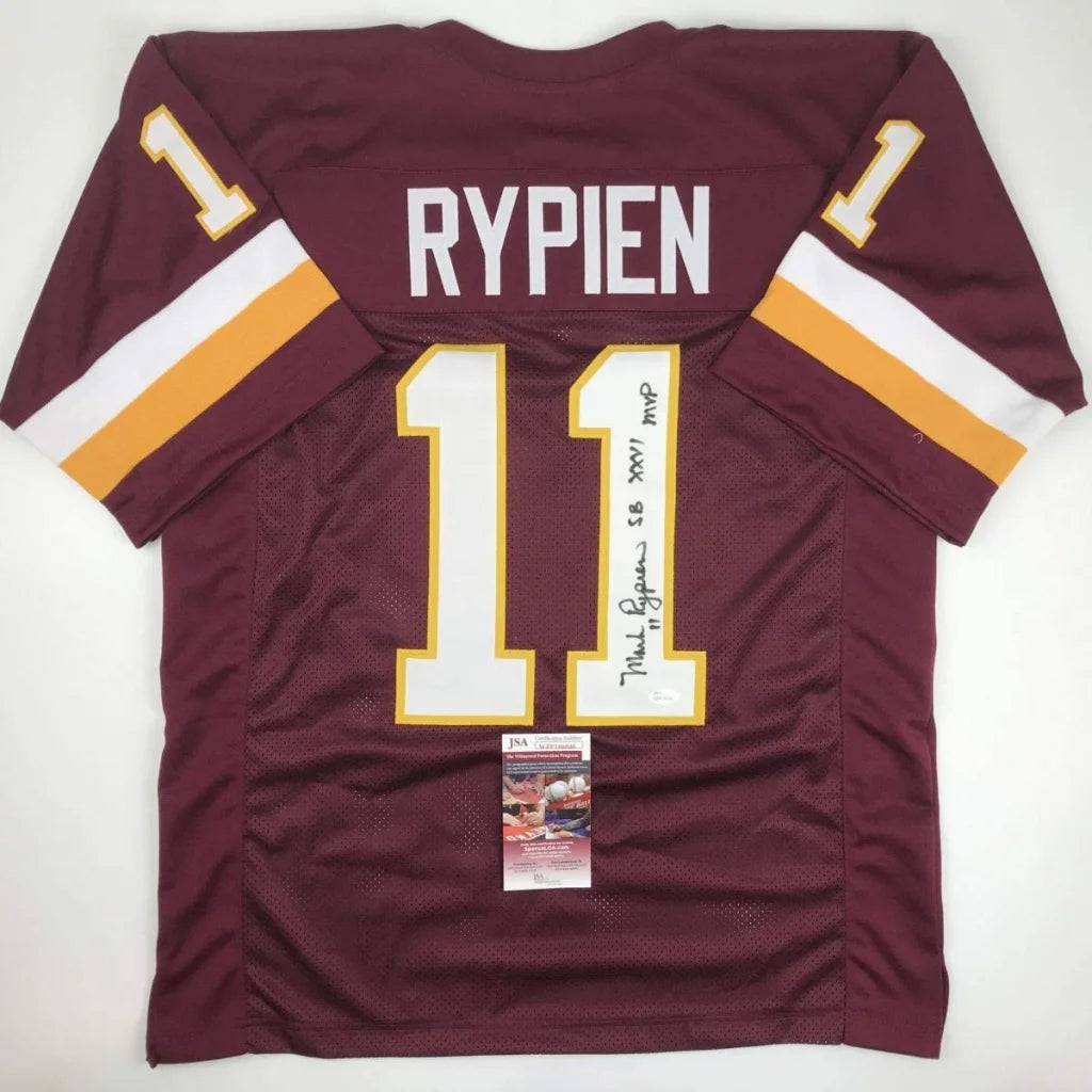 Maroon custom jersey signed by Mark Rypien from professional sports league Super Bowl MVP