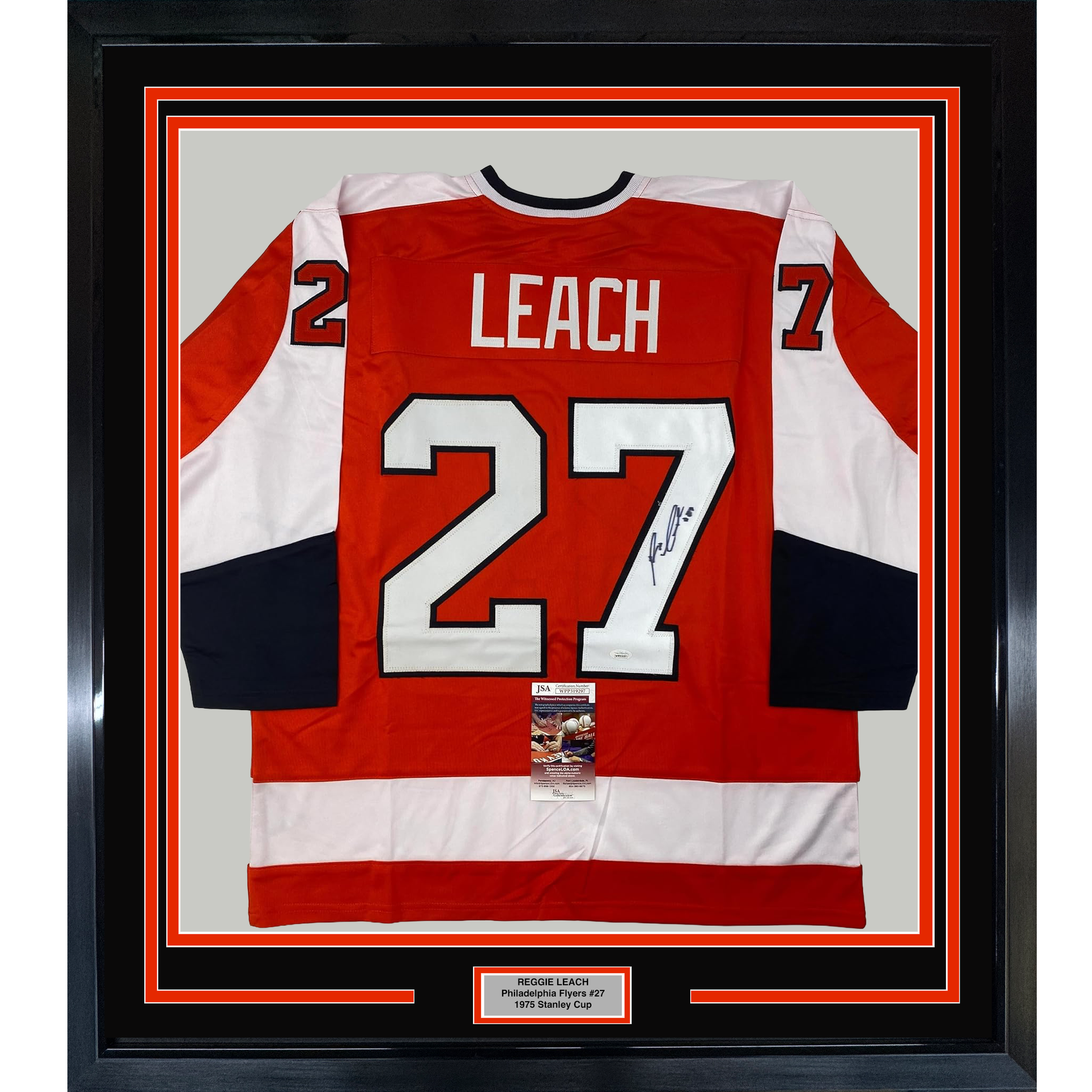 Framed red and white Philadelphia Flyers hockey jersey #27 with "LEACH" nameplate, signed, displayed front-facing with JSA authentication certificate visible.