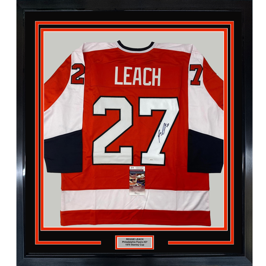 Framed red and white Philadelphia Flyers hockey jersey #27 with "LEACH" nameplate, signed, displayed front-facing with JSA authentication certificate visible.