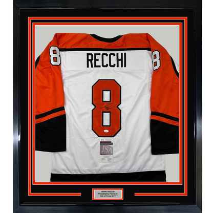 Framed Philadelphia Flyers #8 white hockey jersey with "RECCHI" nameplate, signed, displayed front-facing with red and black borders and authentication certificate.