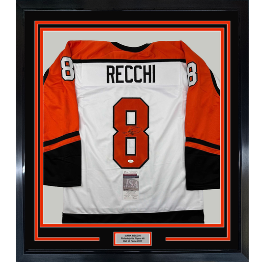 Framed Philadelphia Flyers #8 white hockey jersey with "RECCHI" nameplate, signed, displayed front-facing with red and black borders and authentication certificate.