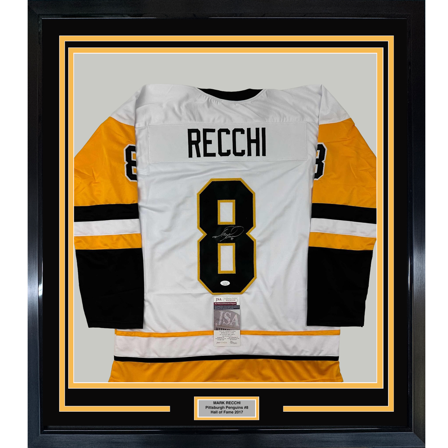 Framed white Pittsburgh Penguins hockey jersey number 8 with "RECCHI" nameplate, signed, displayed against black and gold matting with JSA authentication certificate visible.