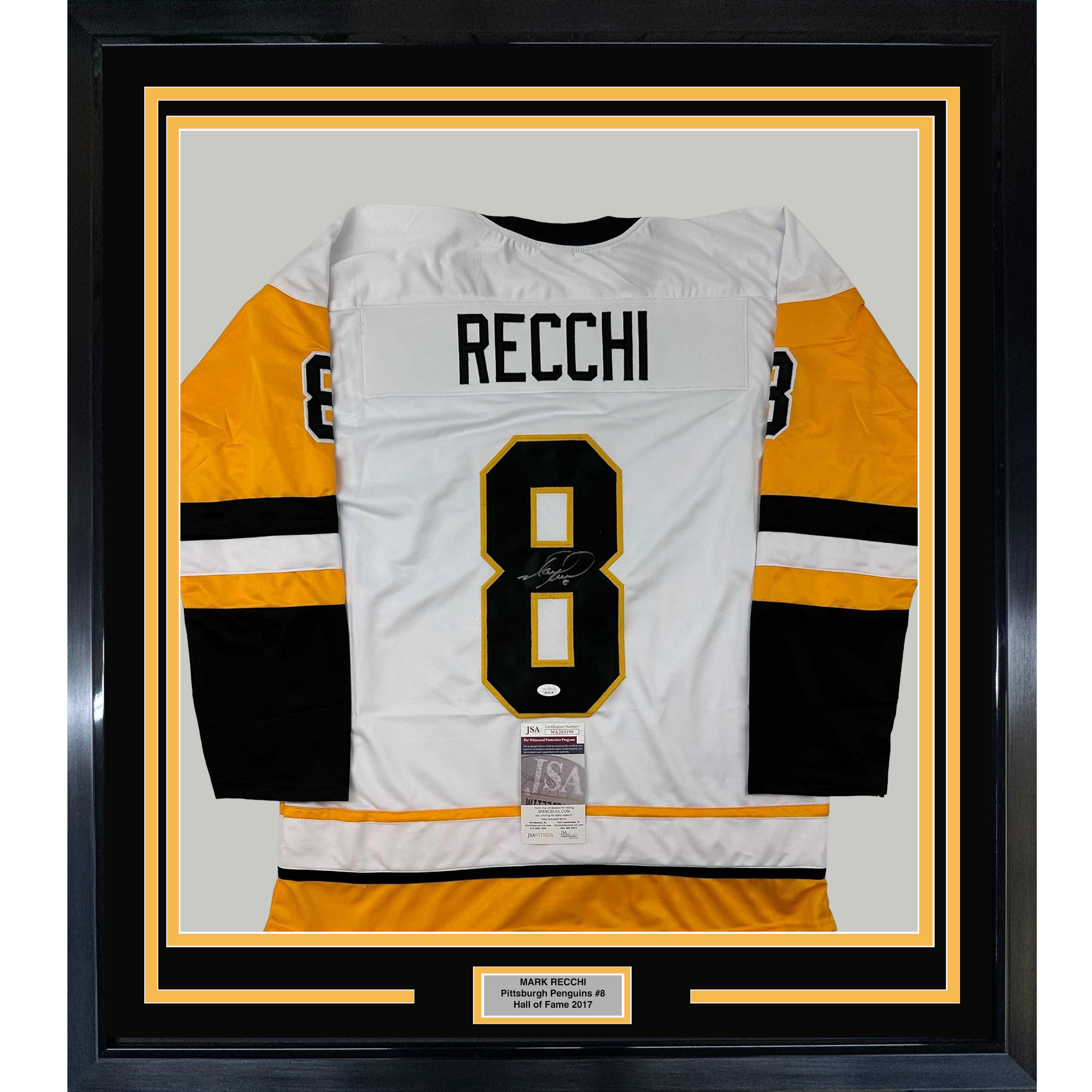 Framed white Pittsburgh Penguins hockey jersey number 8 with "RECCHI" nameplate, signed, displayed against black and gold matting with JSA authentication certificate visible.