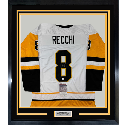 Framed white Pittsburgh Penguins hockey jersey number 8 with "RECCHI" nameplate, signed, displayed against black and gold matting with JSA authentication certificate visible.
