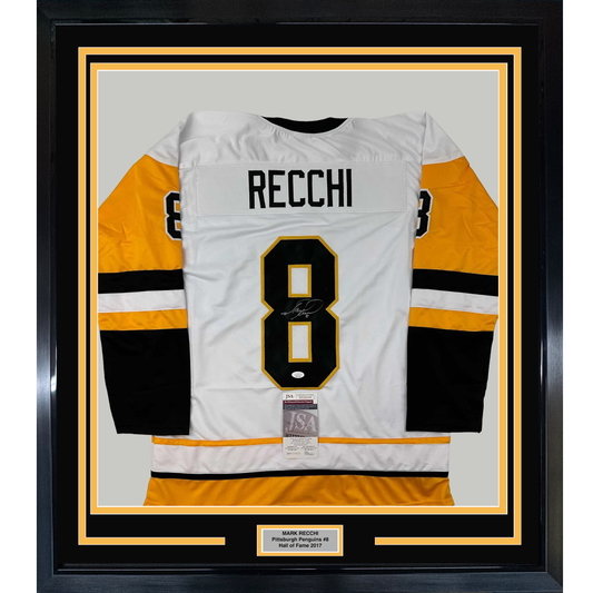 Framed white Pittsburgh Penguins hockey jersey number 8 with "RECCHI" nameplate, signed, displayed against black and gold matting with JSA authentication certificate visible.