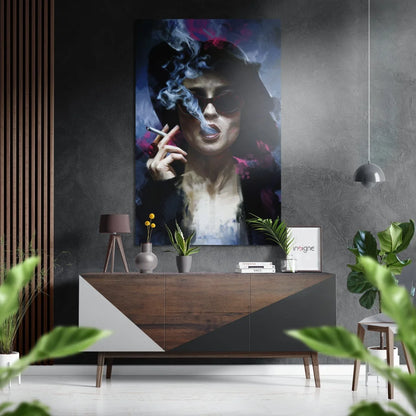 Stunning woman in sunglasses smoking on brushed aluminium dibond art print