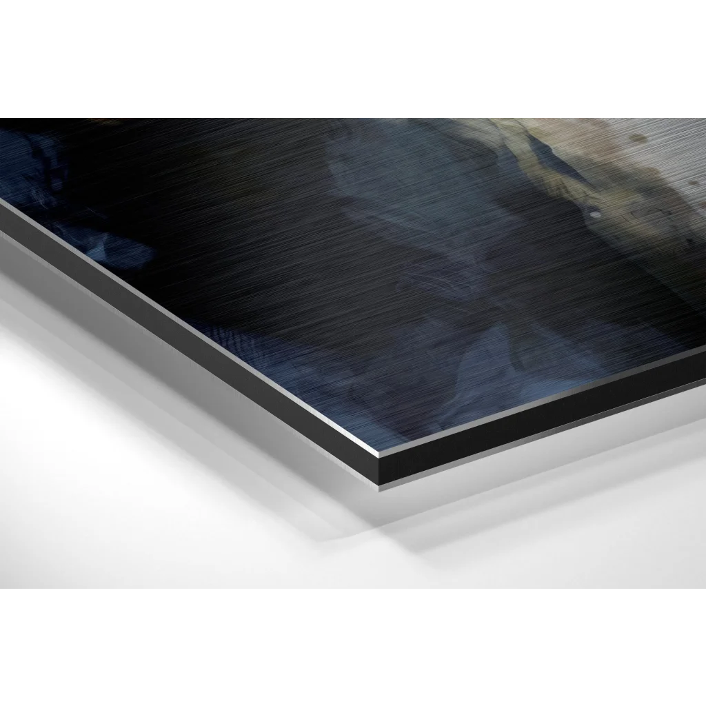 Sleek brushed aluminium dibond art print with bold abstract blues and earth tones