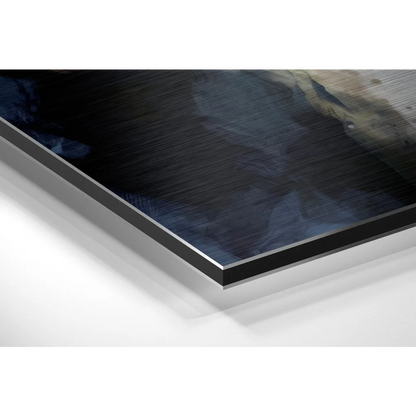 Sleek brushed aluminium dibond art print with bold abstract blues and earth tones
