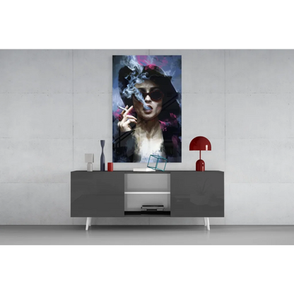 Stylized woman in sunglasses smoking, pink purple glass wall art print