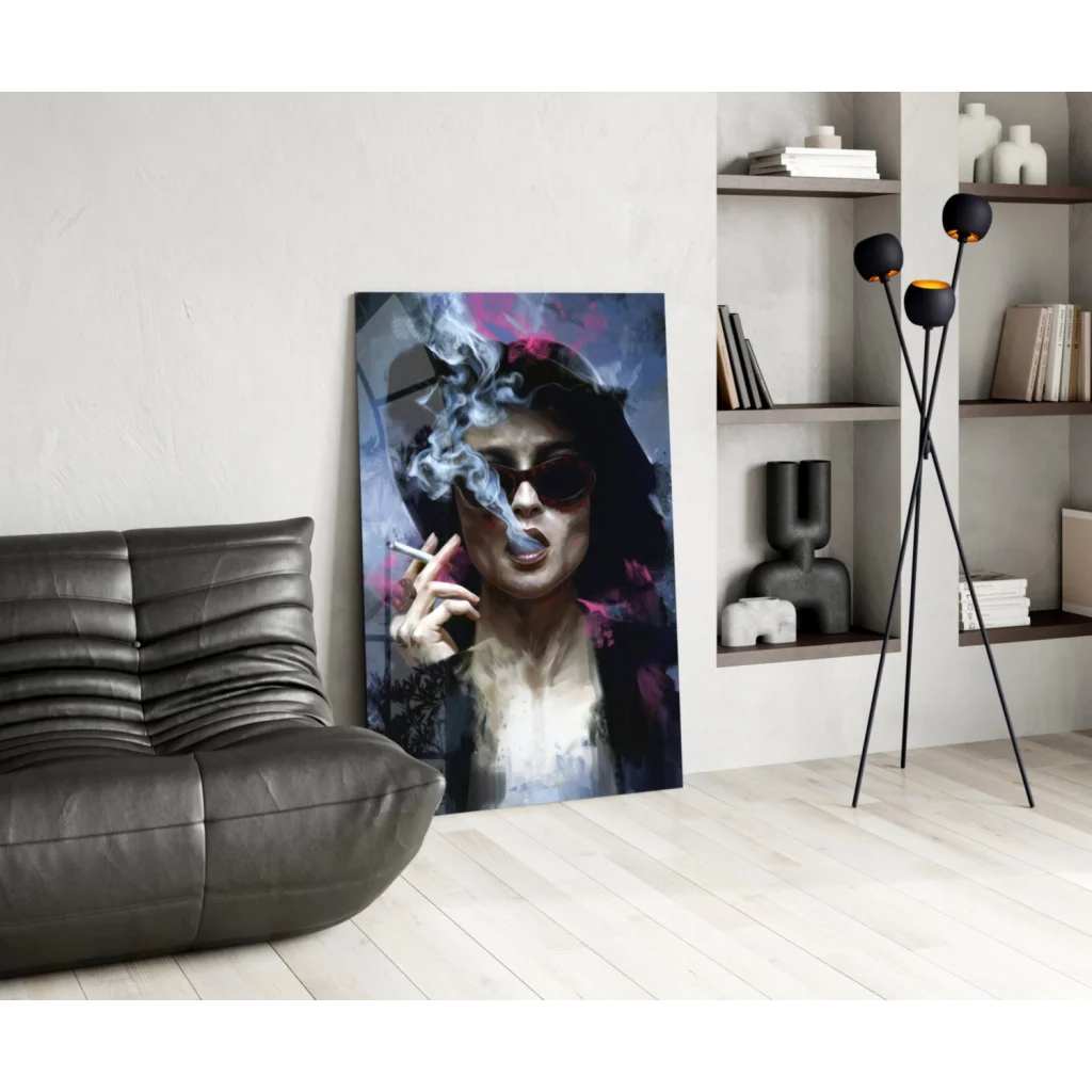 Stylish black leather sofa in modern glass wall art print