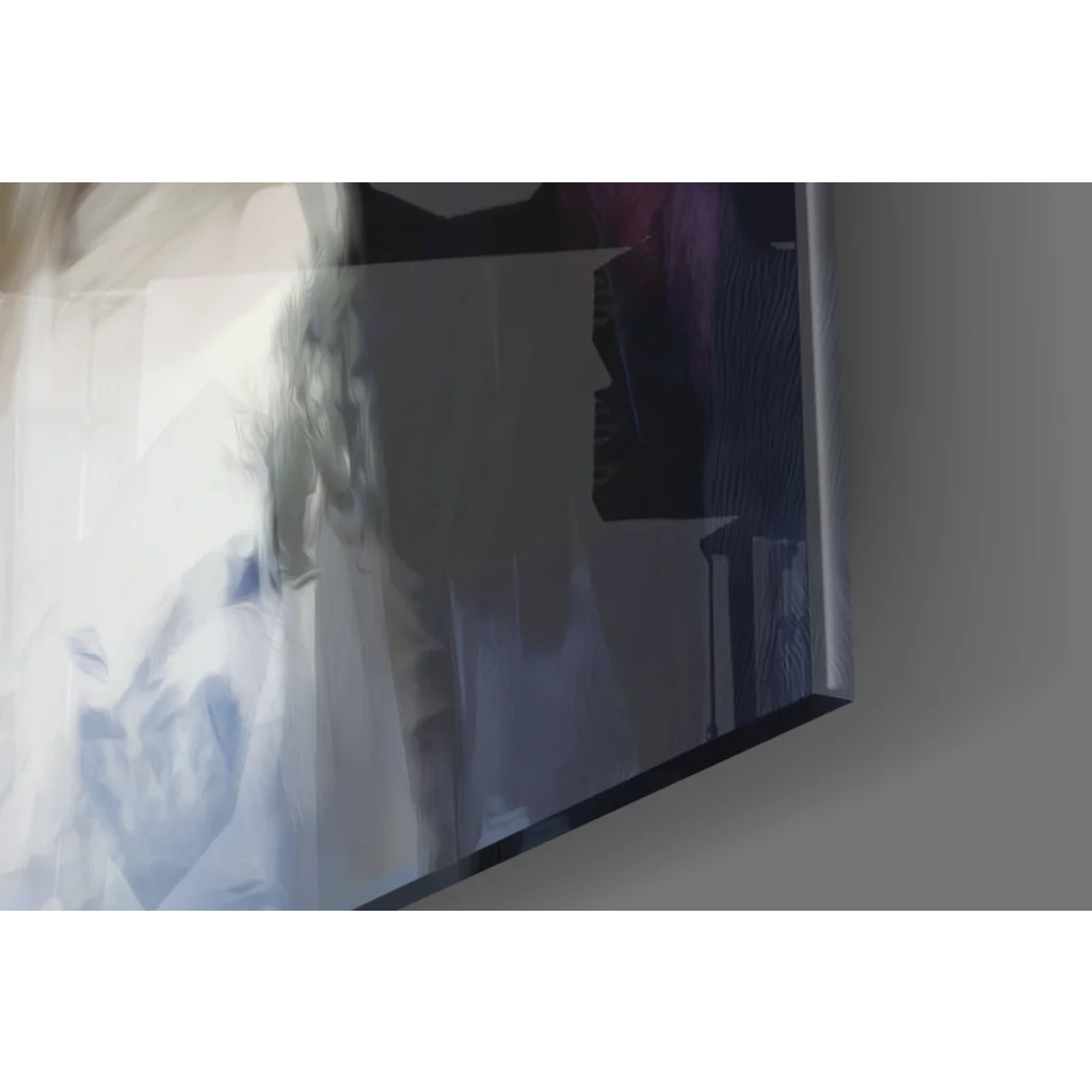 Stunning glass wall art print with abstract grayscale and purple tones