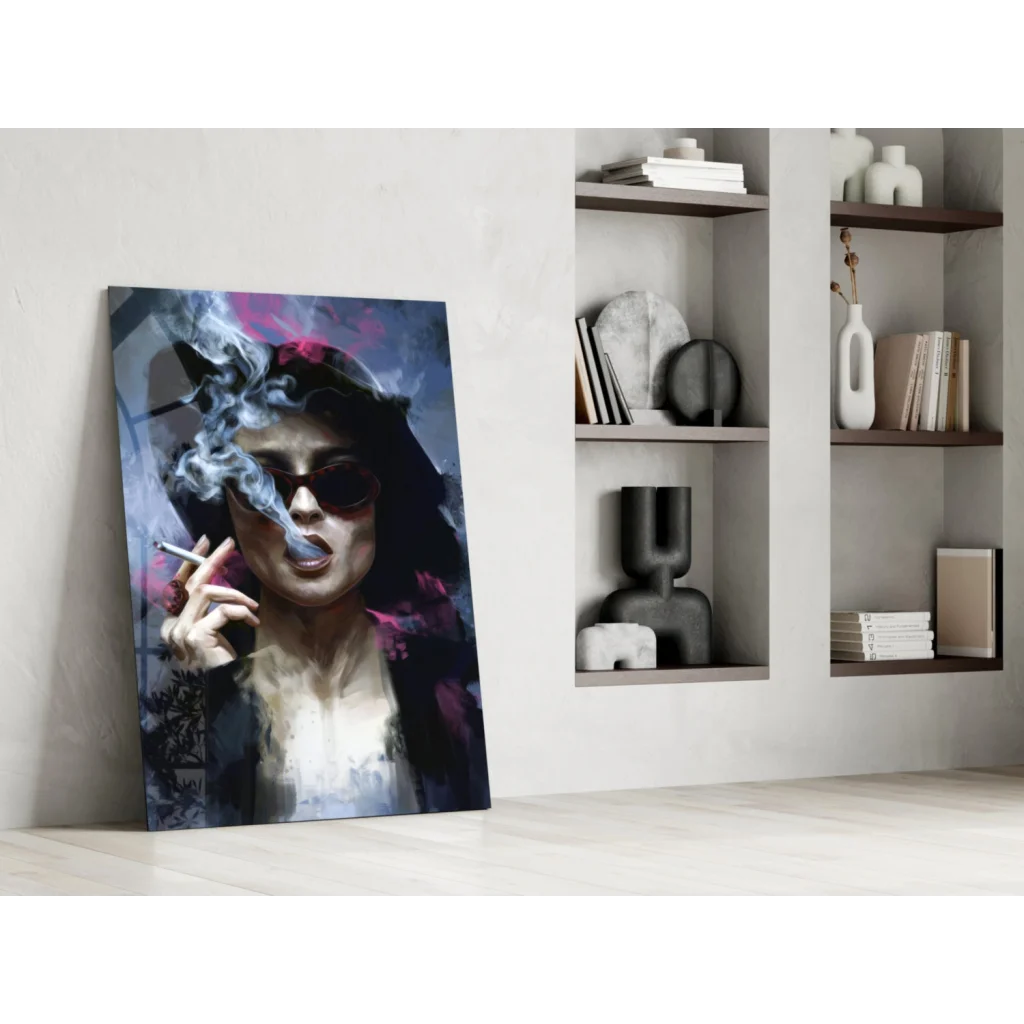Stylish black-and-pink abstract woman portrait on glass wall art