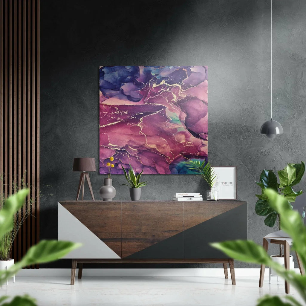 Vibrant abstract marbled print on brushed aluminium dibond in purple and gold