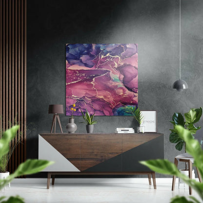 Vibrant abstract marbled print on brushed aluminium dibond in purple and gold