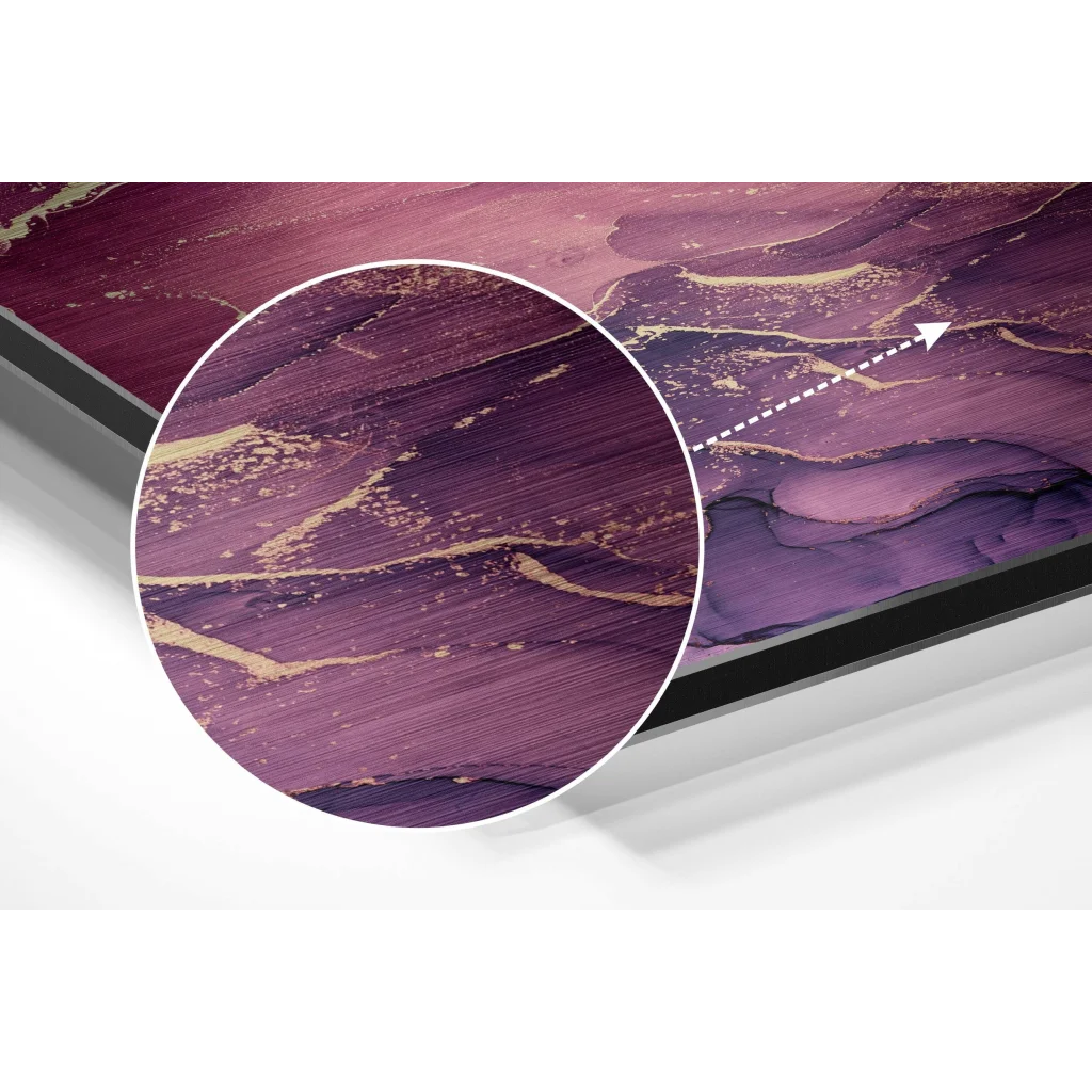 Purple gold marble art print on brushed aluminium dibond in sleek black frame