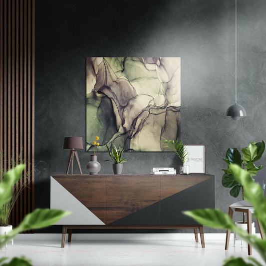 Swirling abstract art in muted greens and browns on brushed aluminium dibond print