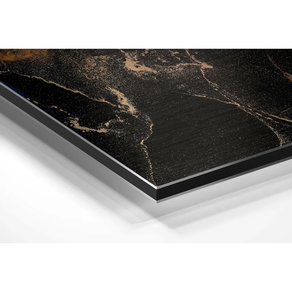 Glass Wall Art Stunning brushed aluminium dibond marble art panel in black and gold