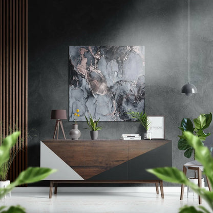 Abstract swirling marble art in gray black rose gold on brushed aluminium dibond panel