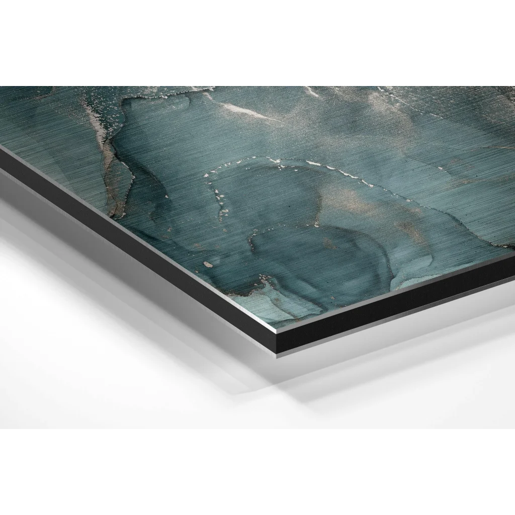 Teal abstract art print on brushed aluminium dibond panel
