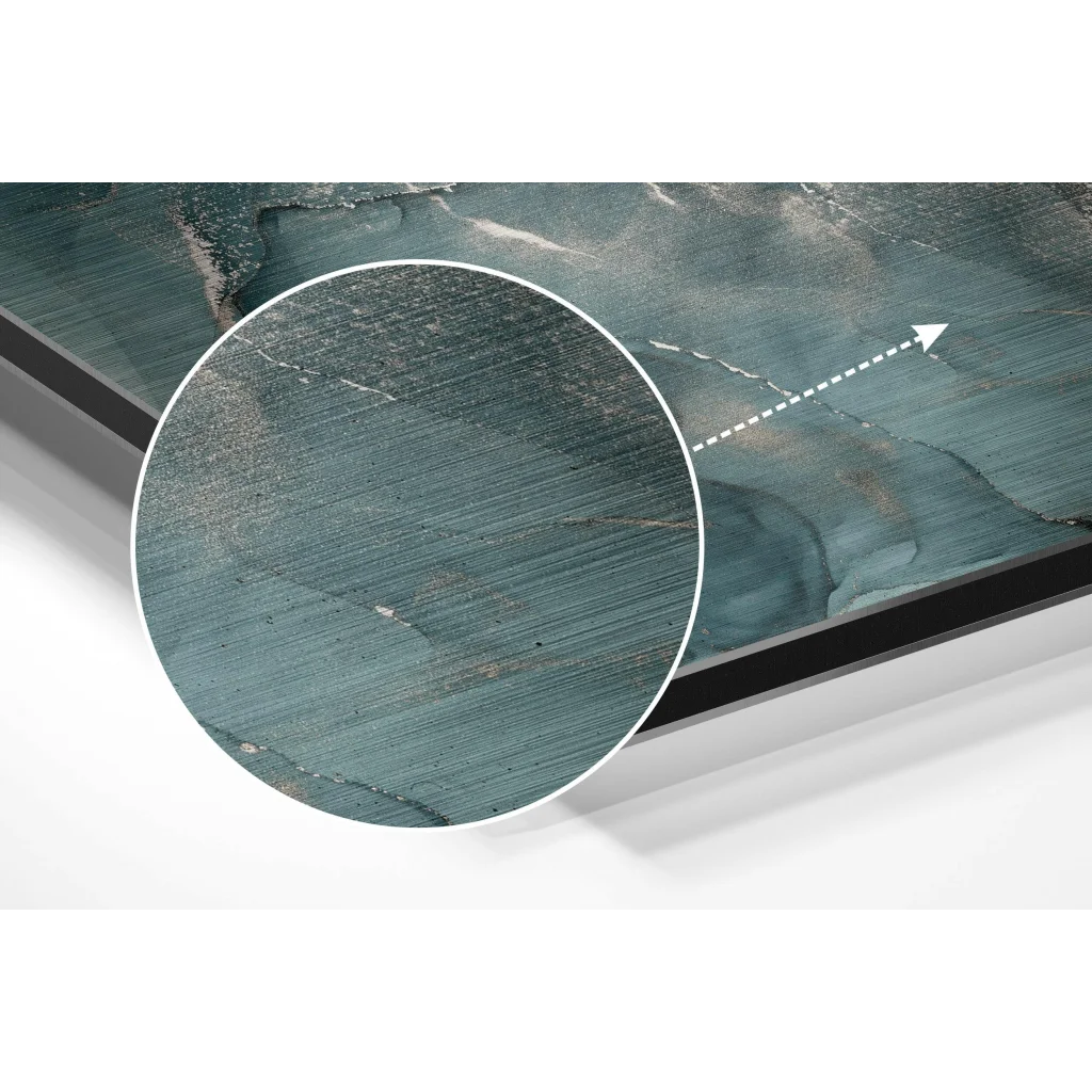 glass wall art Teal and silver abstract art on brushed aluminium dibond panel