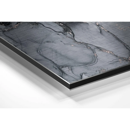 Stunning black-framed abstract marbled art on brushed aluminium dibond panel