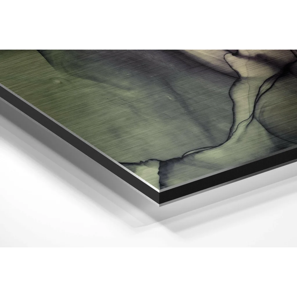 Glass Wall Art Swirling abstract green black art on brushed aluminium dibond print