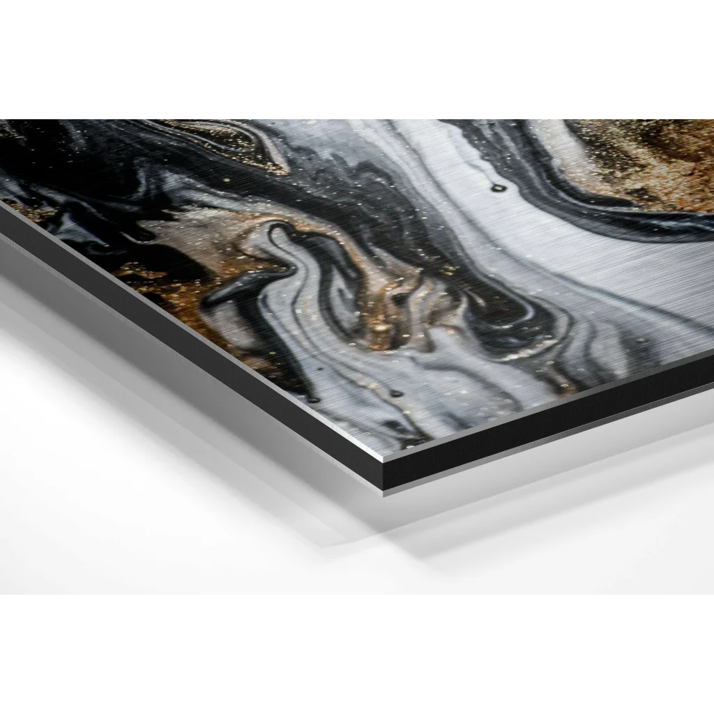 Black white gold abstract marble art on brushed aluminium dibond panel