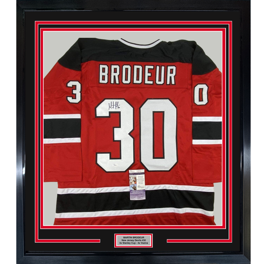 Framed Autographed/Signed Martin Brodeur 35x39 New Jersey Red Hockey Jersey JSA COA