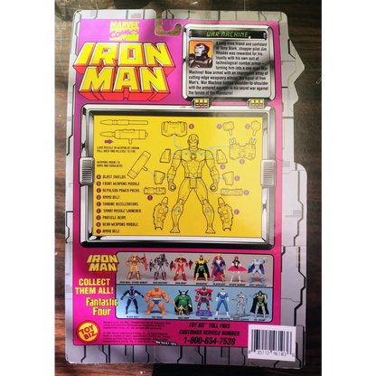 1994 ToyBiz War Machine action figure packaging with pink yellow accents
