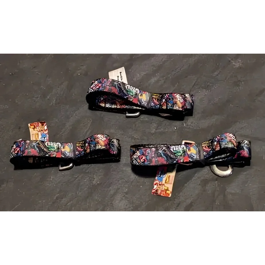 Colorful Marvel Comic Snap Leashes with D-rings and tags for your pet’s superhero look