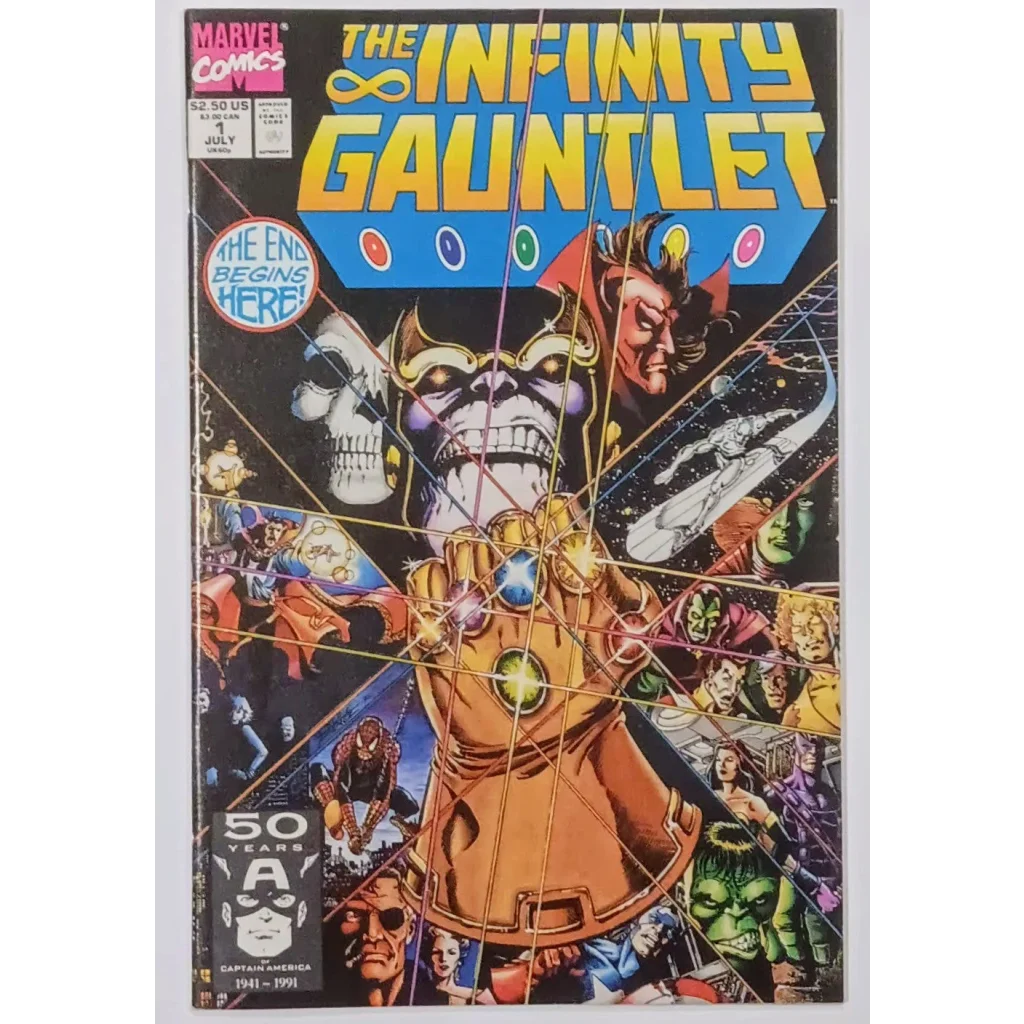 Thanos in gold black armor with Infinity Stones on Marvel Comics Infinity Gauntlet Issue 1 cover
