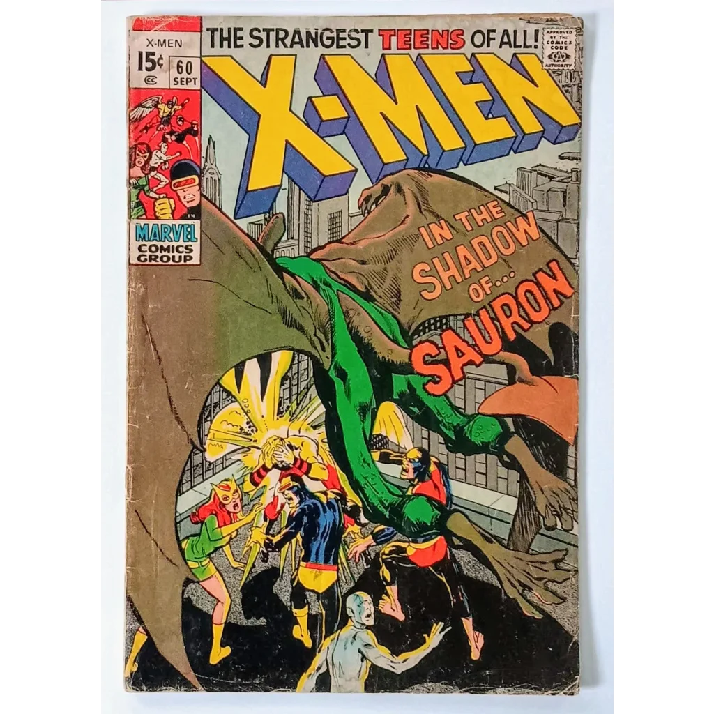 1970s Marvel Comics X-Men #60 cover: Team battles green Sauron villain by Neal Adams