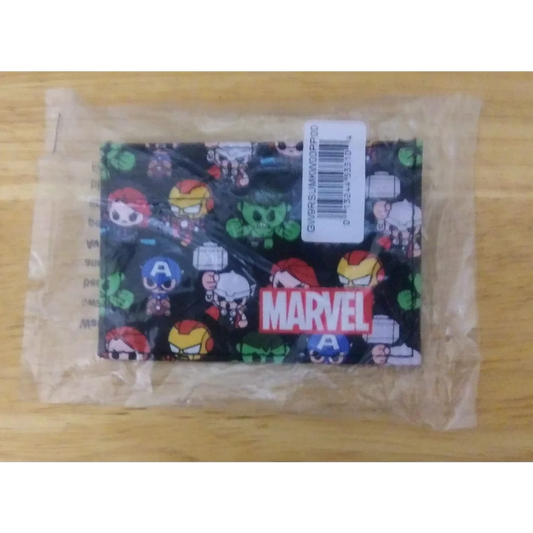 Marvel Funko mini wallet with cartoon heroes on black background