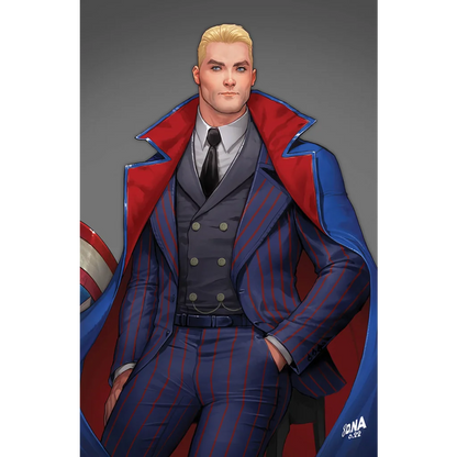 Man in blue pinstripe suit with red-lined cape on Marvel Judgment Day Issue 3 cover