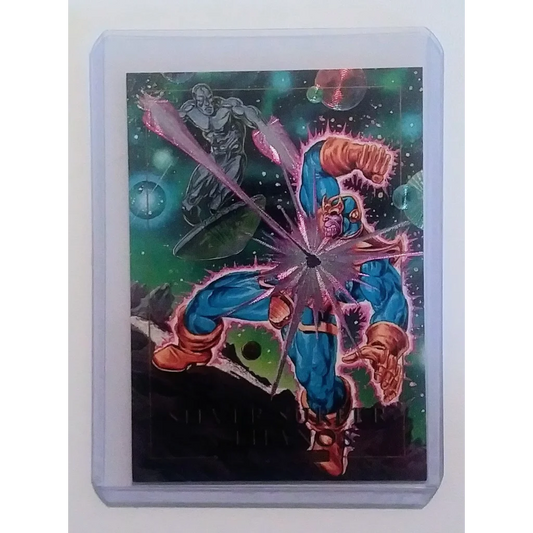 Silver Surfer vs Thanos battle in Marvel Masterpieces card comic art