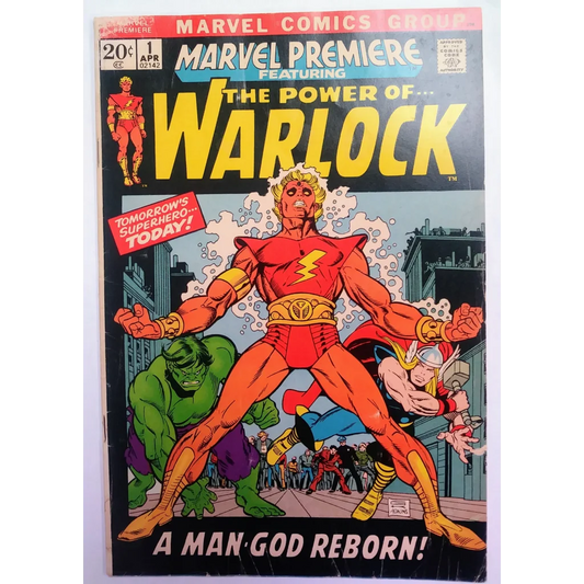 Warlock in vibrant red yellow costume with lightning bolt, Marvel Premiere #1 origin, cityscape
