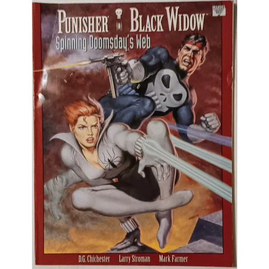 Punisher Black Widow epic showdown comic cover in action on red background