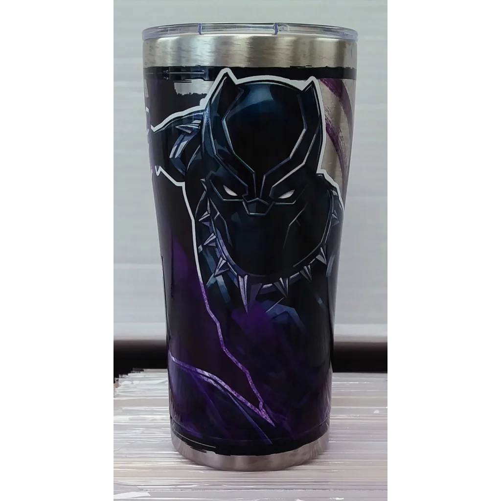 Black Panther Tervis tumbler with stainless steel body and purple design