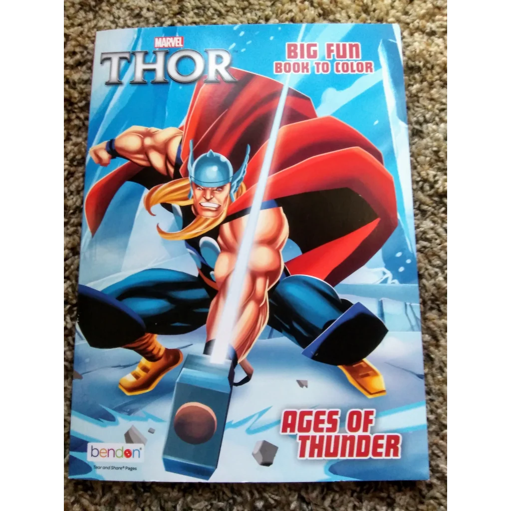Marvel Thor Big Fun coloring book with hammer, cape, lightning on blue sky