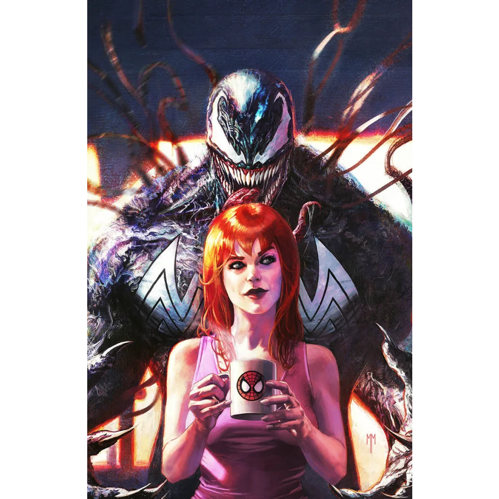 Comic book cover Marvel Venom #15 with Mary Jane Watson holding a Spider-Man mug and Venom behind her