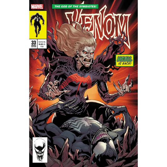 Marvel Venom Issue 33 comic book with black and white logo on display